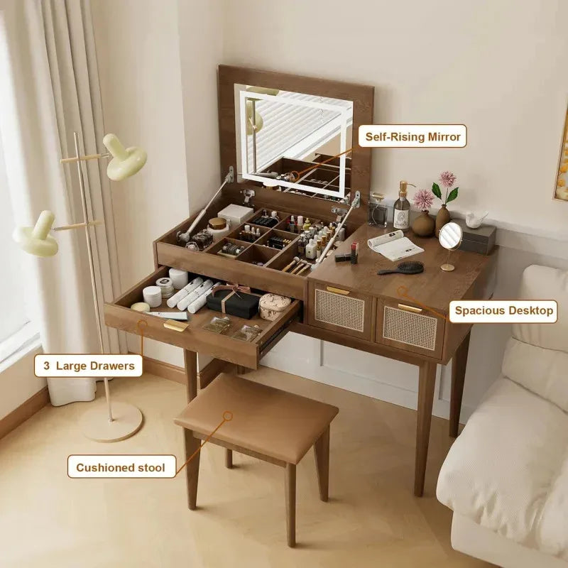 Ljustra LED Lighted Vanity Desk with Openable Mirror and Storage Stool