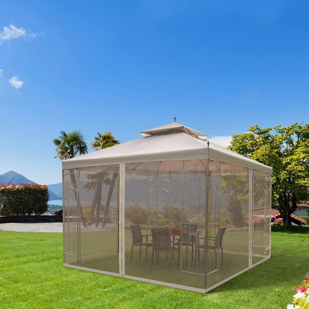 10x10 Patio Gazebo Double Roof Outdoor Shelter with Netting and Shelves
