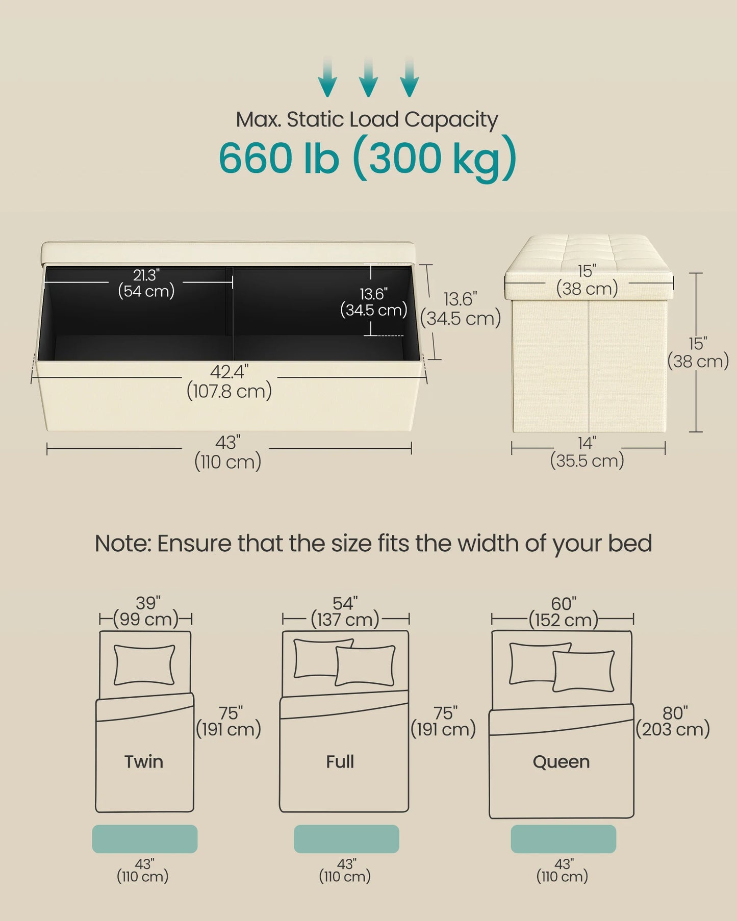 Ljustra 43 Inch Folding Storage Ottoman Bench Foot Rest Storage Chest