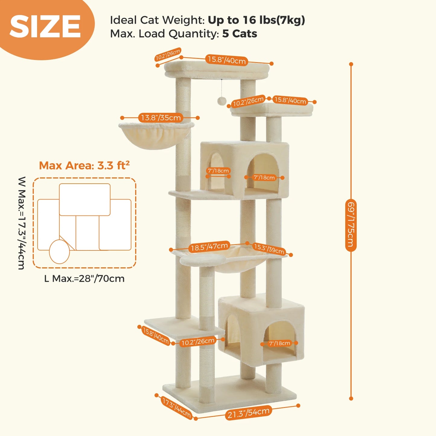 175cm Cat Tree for Large Cats with Hammock Condo Perch Scratching Posts