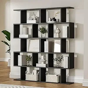 Black 5-Tier Geometric Bookcase S-Shaped Modern Bookshelf Set of 2