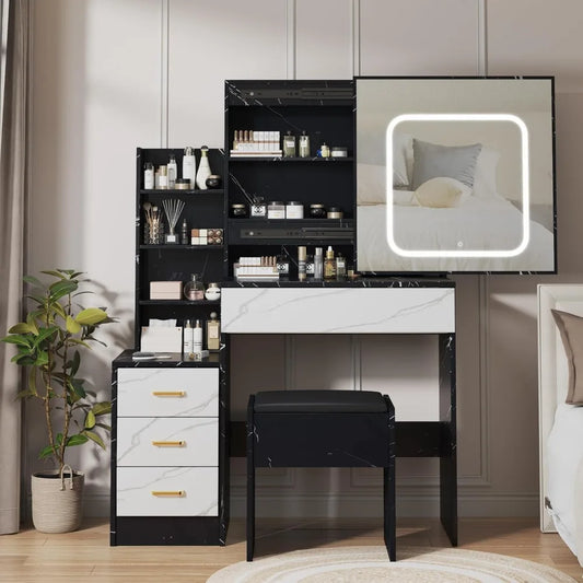 Vanity Desk with LED Mirror and Storage Makeup Dressing Table