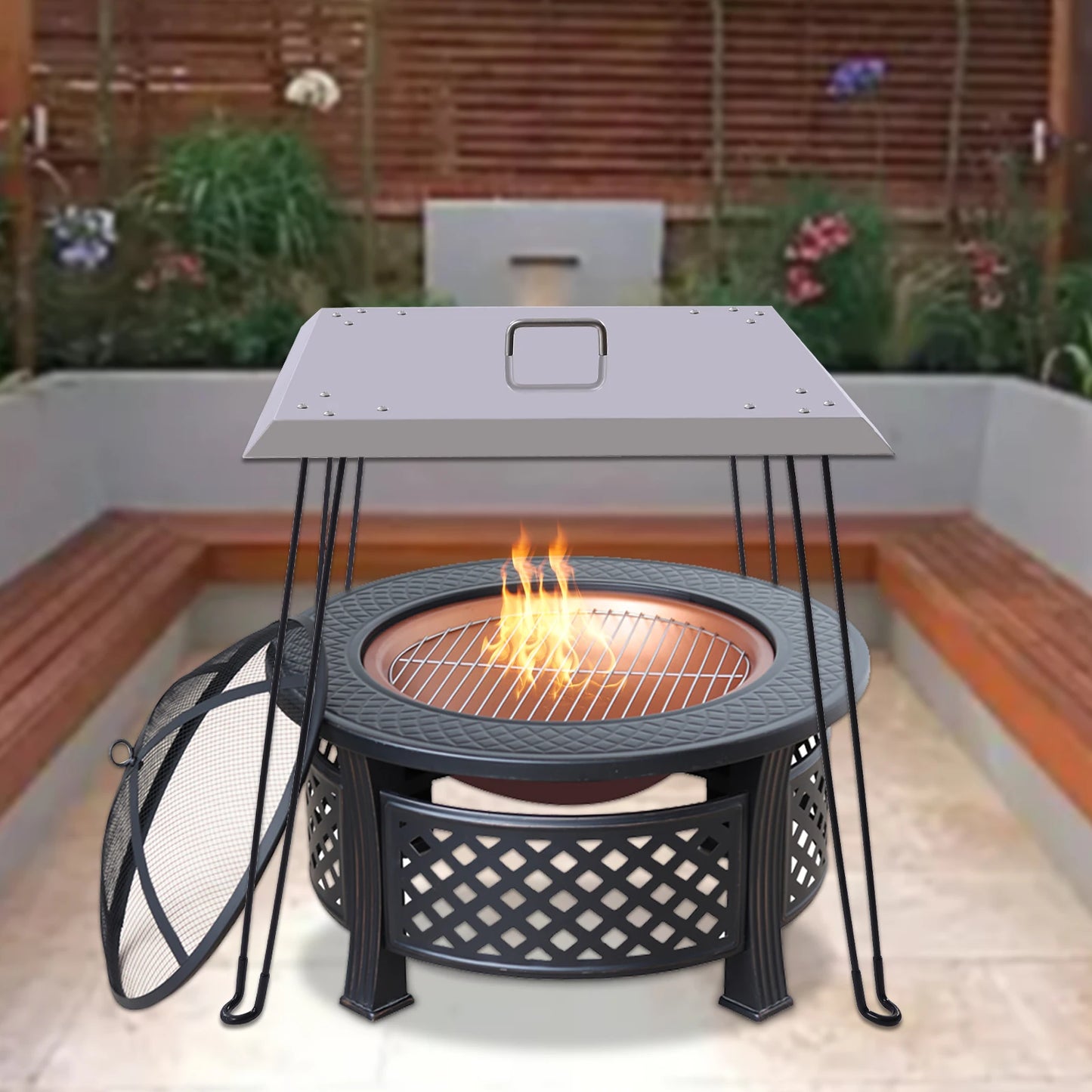 Stainless Steel Fire Pit Heat Deflector Square Lid with Foldable Legs