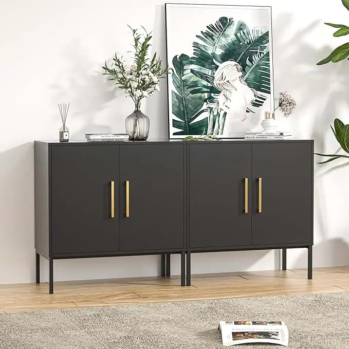 Modern Buffet Cabinet Set of 2 Storage Kitchen Sideboard Accent Black