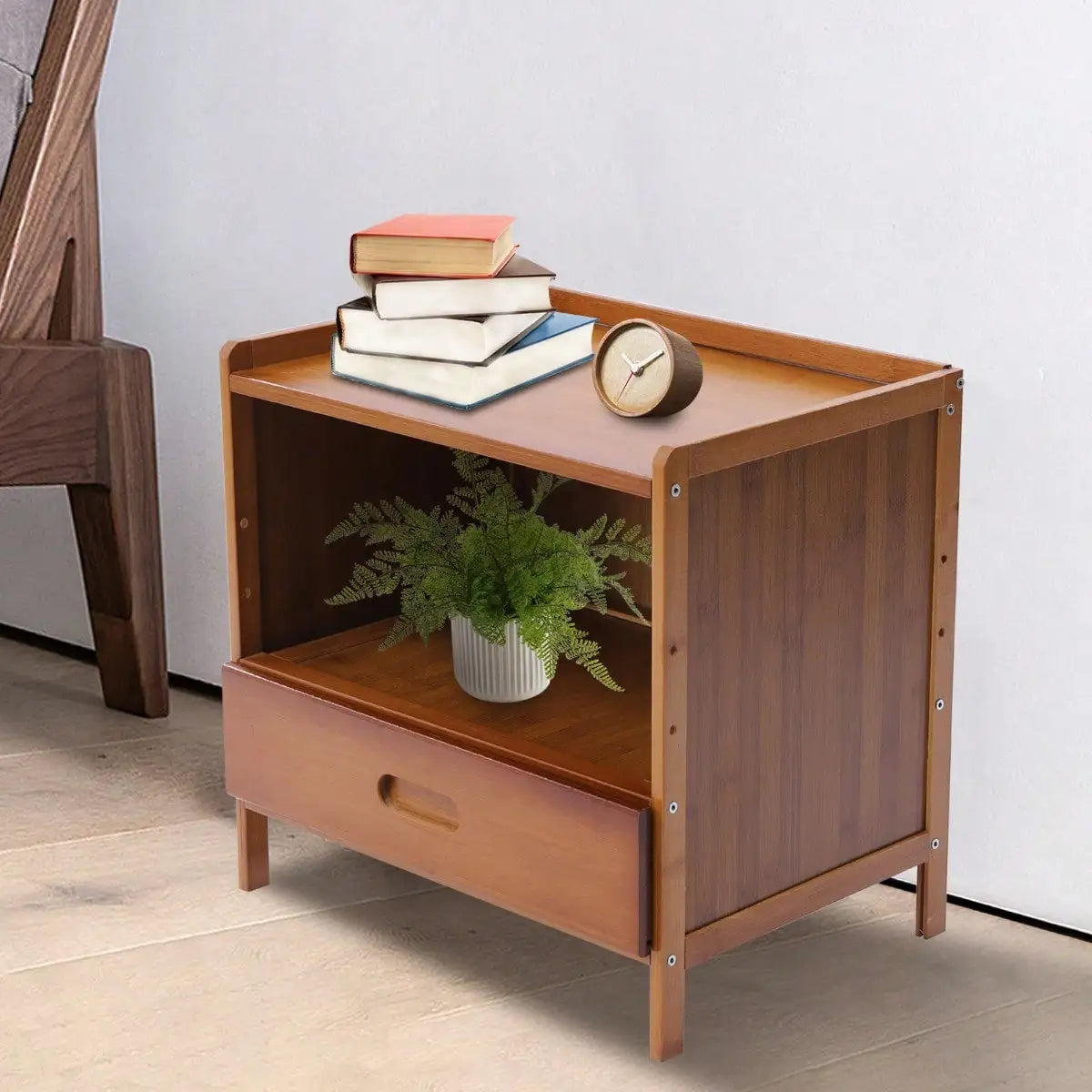 Nightstand With Drawer Open Shelf Bamboo Bedside Table Sofa Side Stand