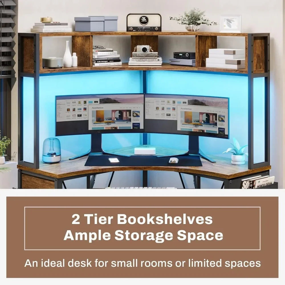 Ljustra Corner Desk Small Computer Desk with Hutch LED Lights
