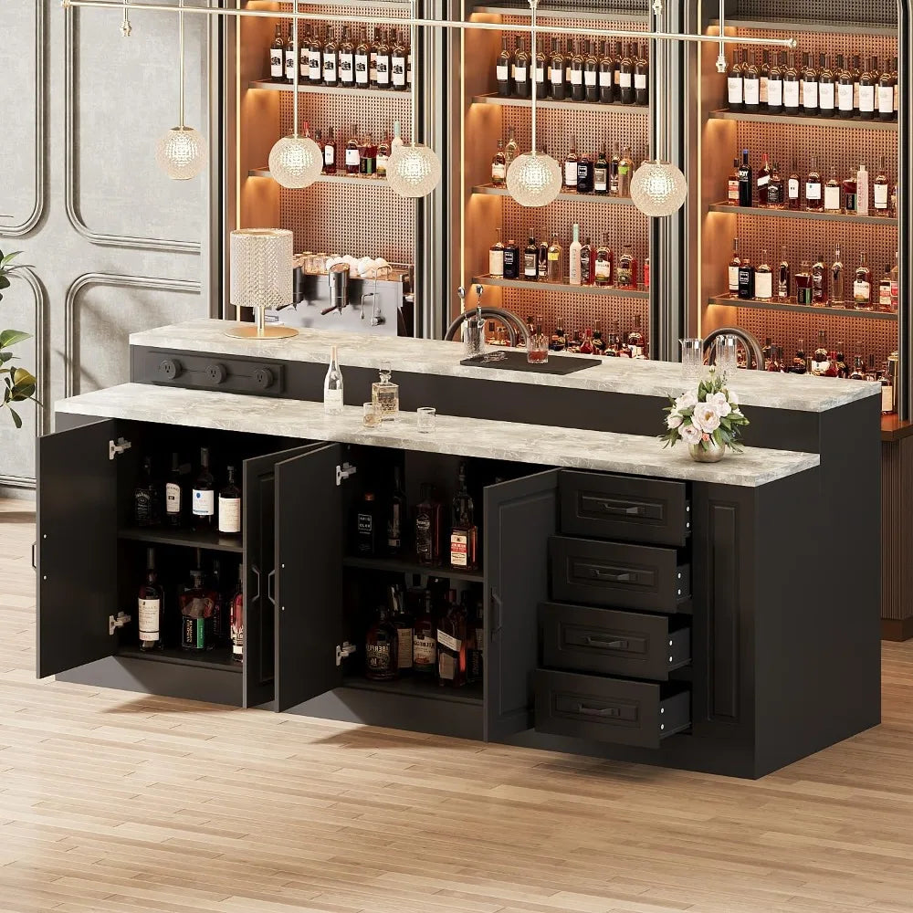 Ljustra 94.5" Large Bar Table Kitchen Station with Charging Station & Drawers