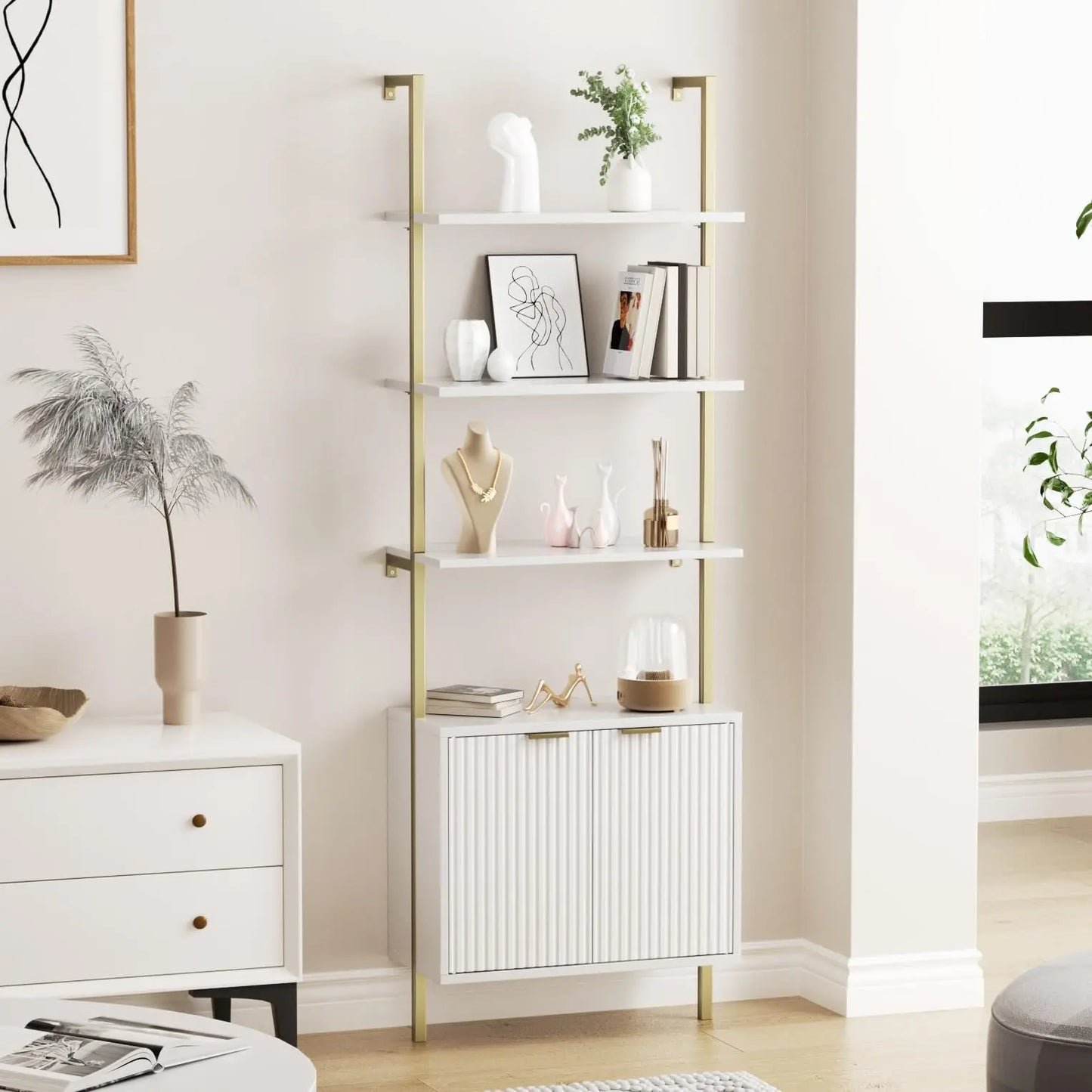 Ladder Bookshelf Storage Cabinet 71'' Tall Wall Mount Bookcase Metal Frame