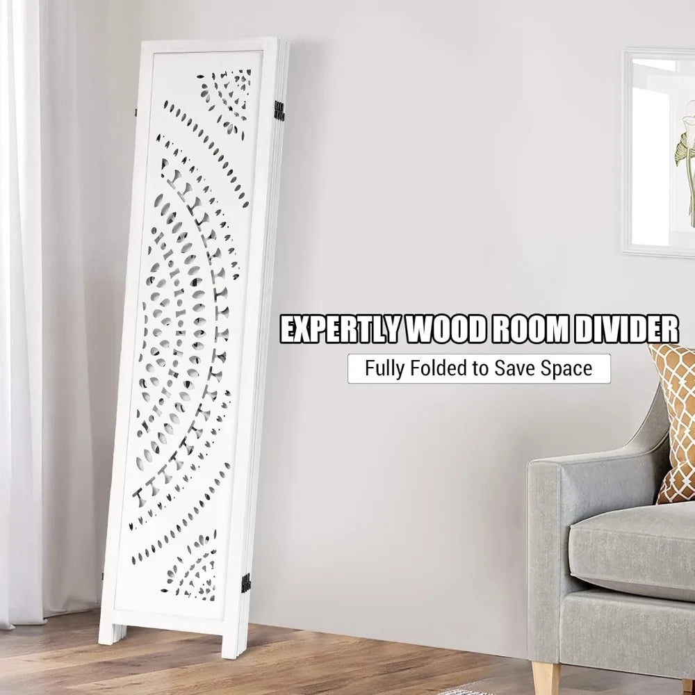 Folding Wood Carved Privacy Screen Room Divider 66.9Inch Freestanding