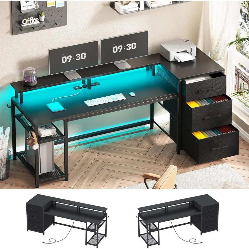 59 Inch Office Desk with Drawers Gaming Desk LED Lights Power Outlet