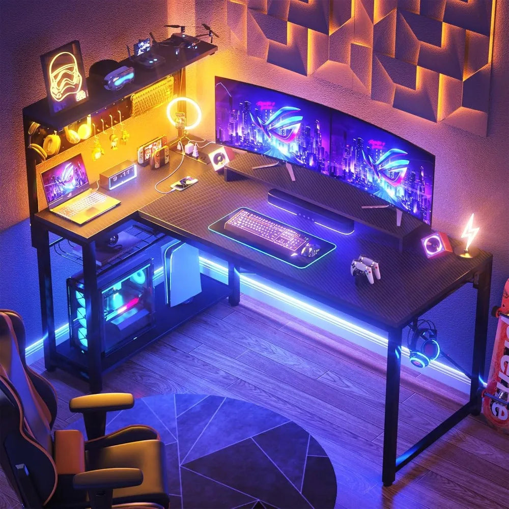 Small Gaming Desk with LED Light Storage Pegboard and Power Outlets