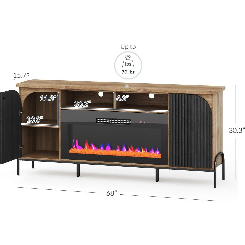 68 Inch Fluted TV Stand Electric Fireplace Modern Entertainment Center