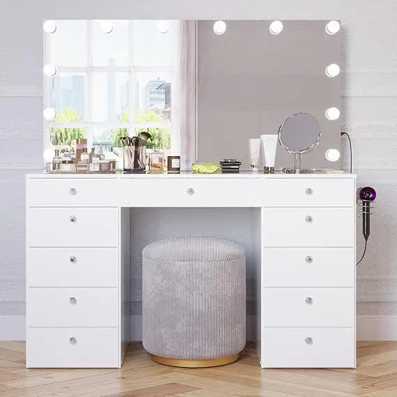 elle white makeup vanity desk with bluetooth speaker and hollywood lights