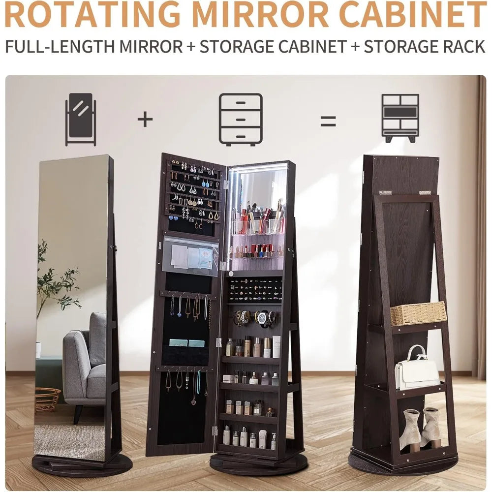 Full Length Mirror Jewelry Armoire with LED Lights and Storage