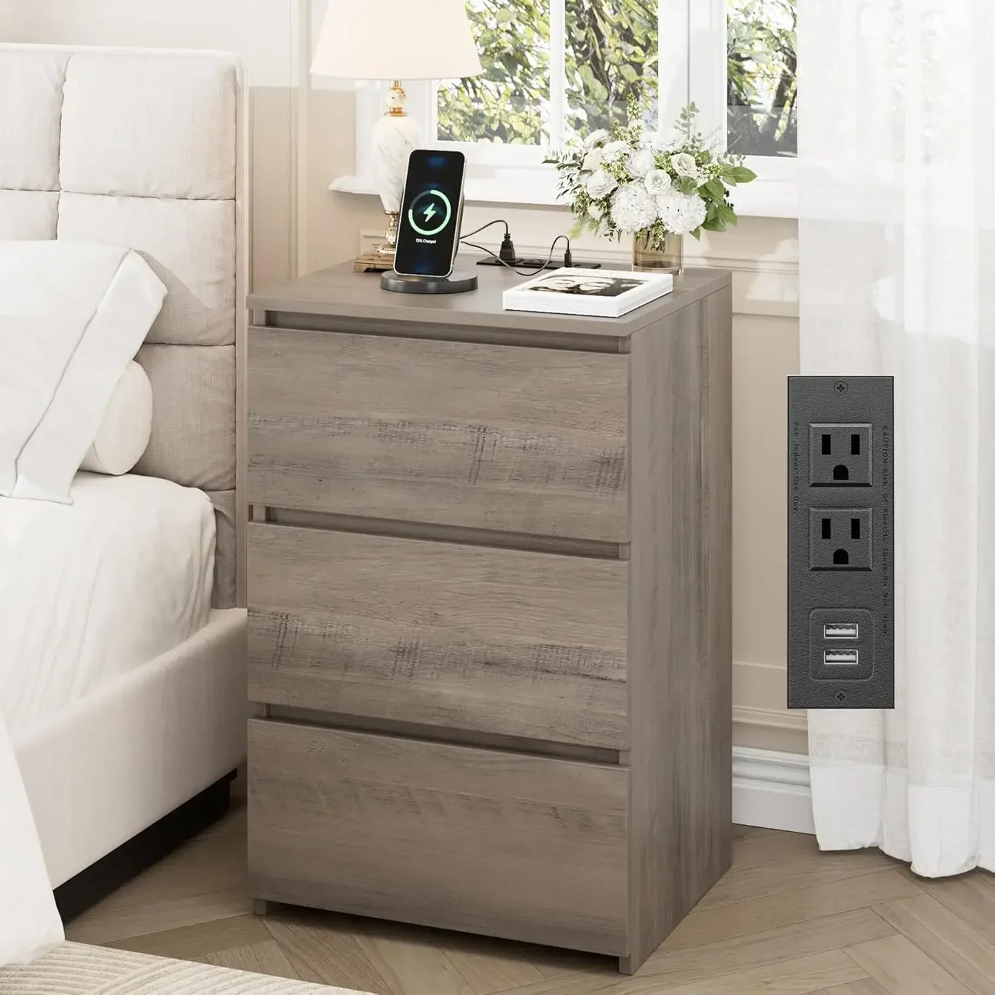 Black Nightstand with Charging Station USB Ports Power Outlets 26"