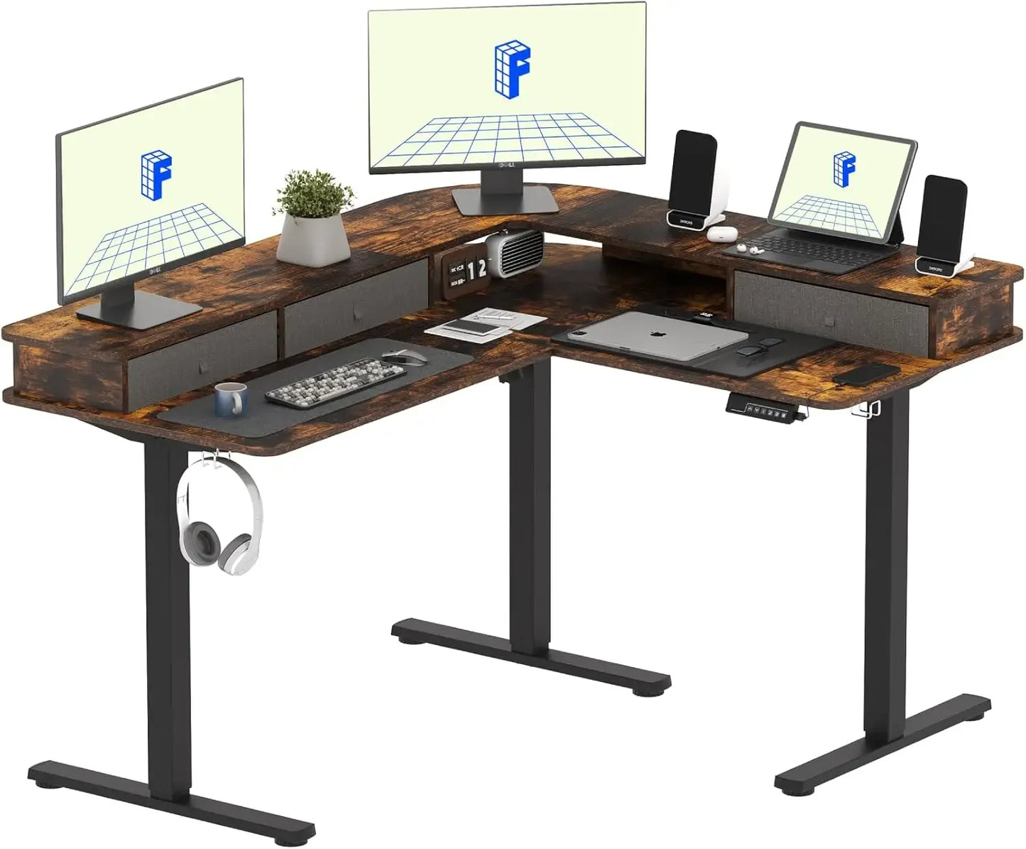 63 Inch L Shaped Electric Standing Desk with 4 Drawers and Shelf