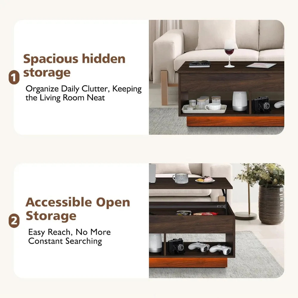 Lift Top Coffee Table with Storage Adjustable LED Modern Table