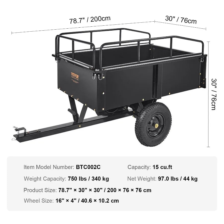Heavy Duty ATV Trailer Steel Dump Cart 750lb 15 Cu Ft Garden Utility