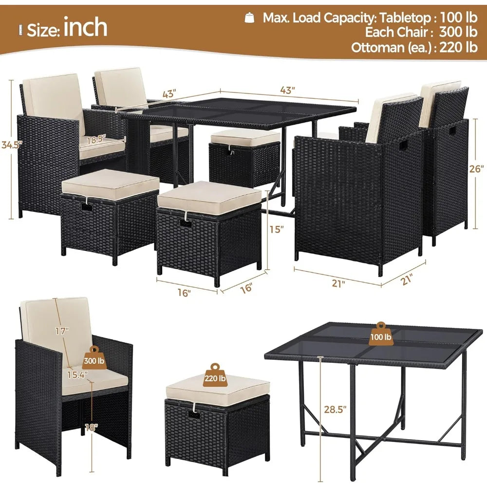 9-Piece Outdoor Rattan Dining Set Space Saving Wicker Furniture