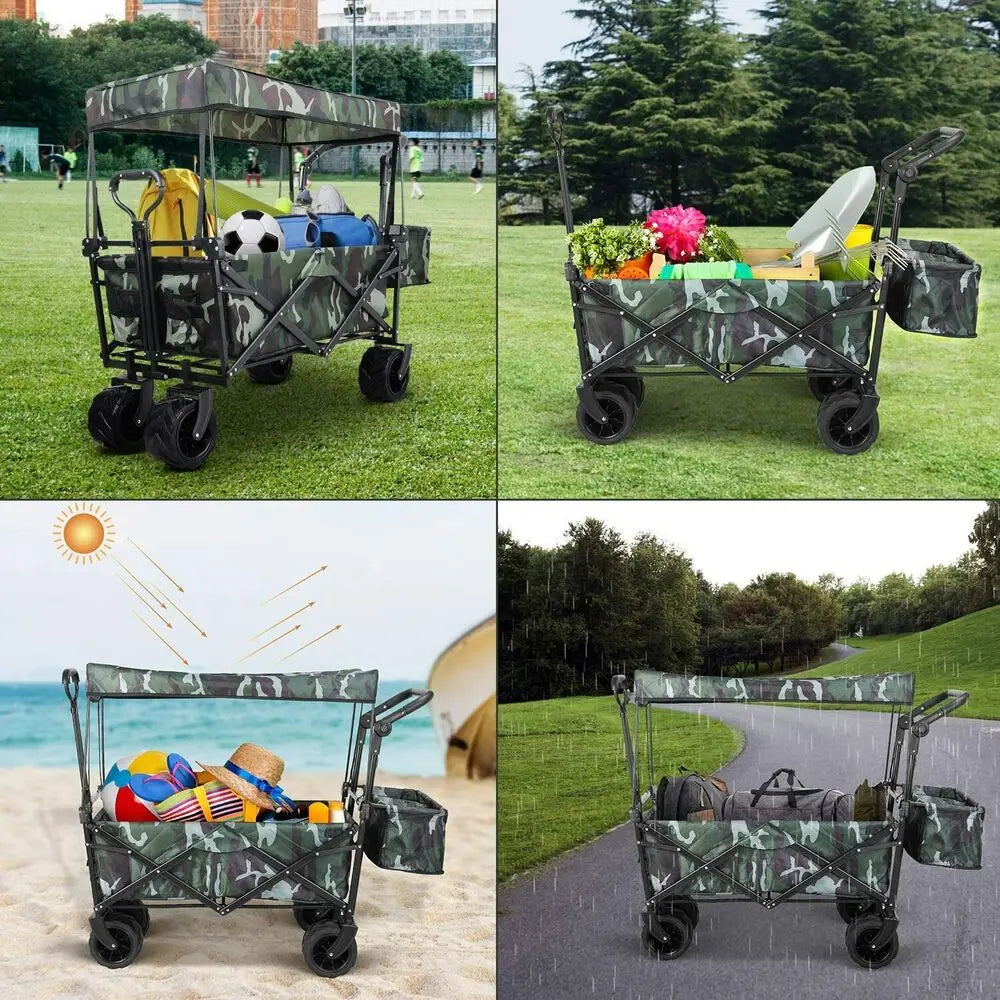 Foldable Handcart with Roof 115kg Off-Road Transport Trolley