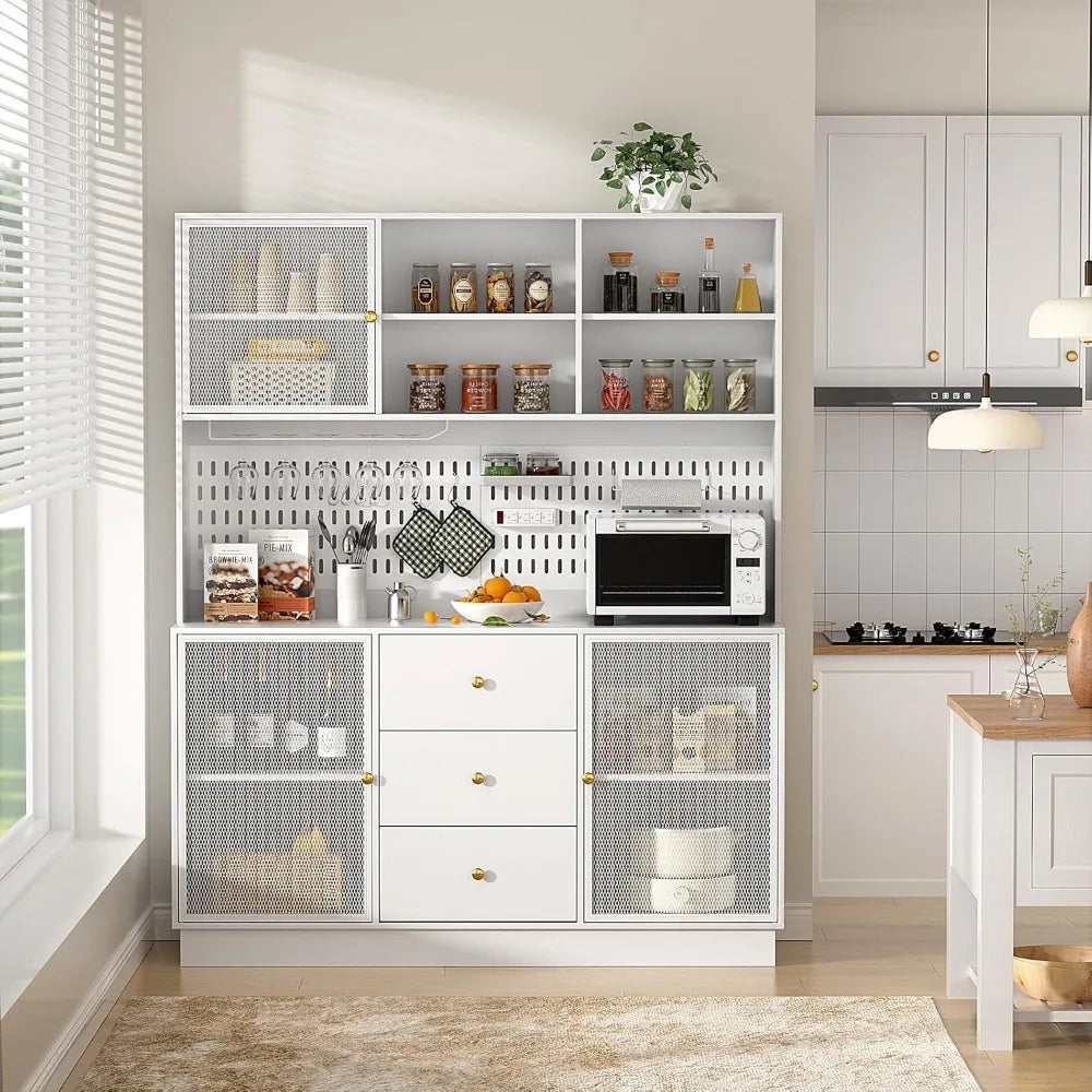 Large Kitchen Hutch Cabinet Pantry Storage with Metal Doors & Pegboard