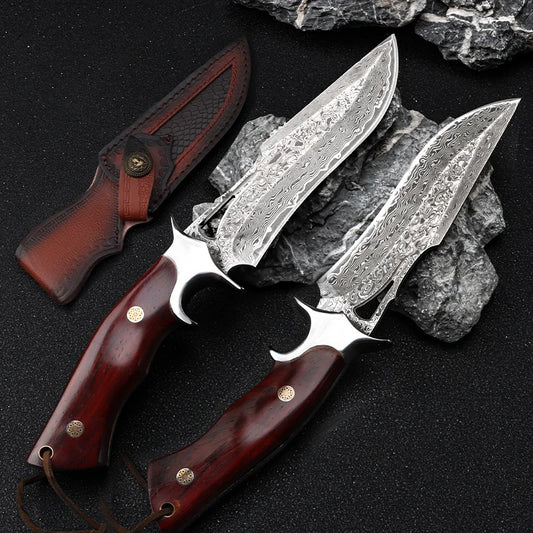 Ljustra PJ065 Damascus Knife Wooden Handle Leather Sheath Outdoor Kitchen