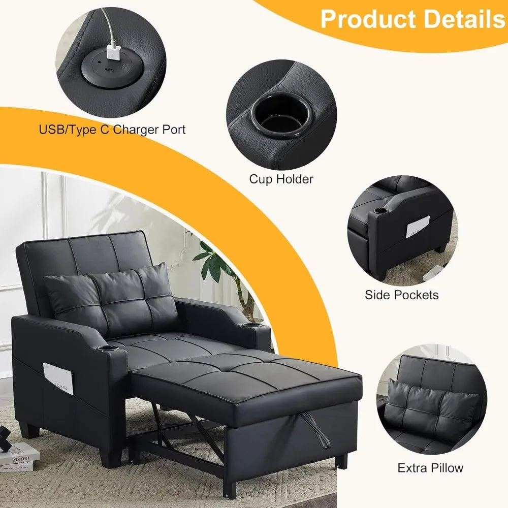 Sleeper Chair Convertible Sofa Bed with USB Ports Adjustable 3-in-1