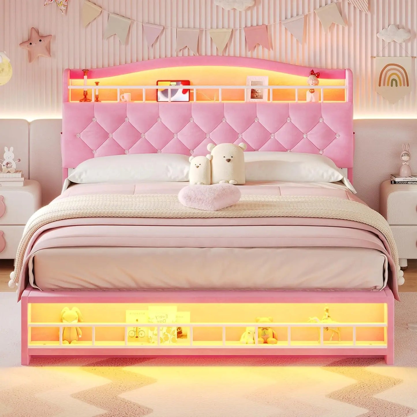 Queen Size Girls Bed with LED Lights and Charging Station Storage