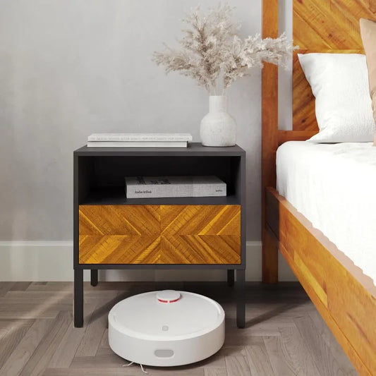 Vivian Solid Wood Nightstand Herringbone Pattern Rustic Bedroom Furniture