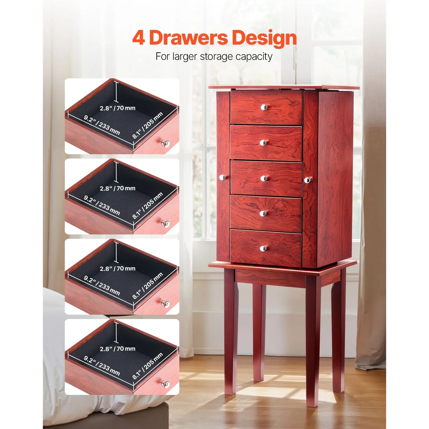 Jewelry Cabinet Armoire Standing Storage Chest with Mirror and Drawers