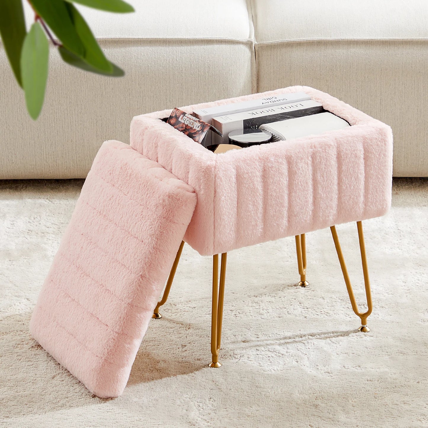 Ljustra Faux Fur Storage Stools Ottomans Padded Living Room Furniture