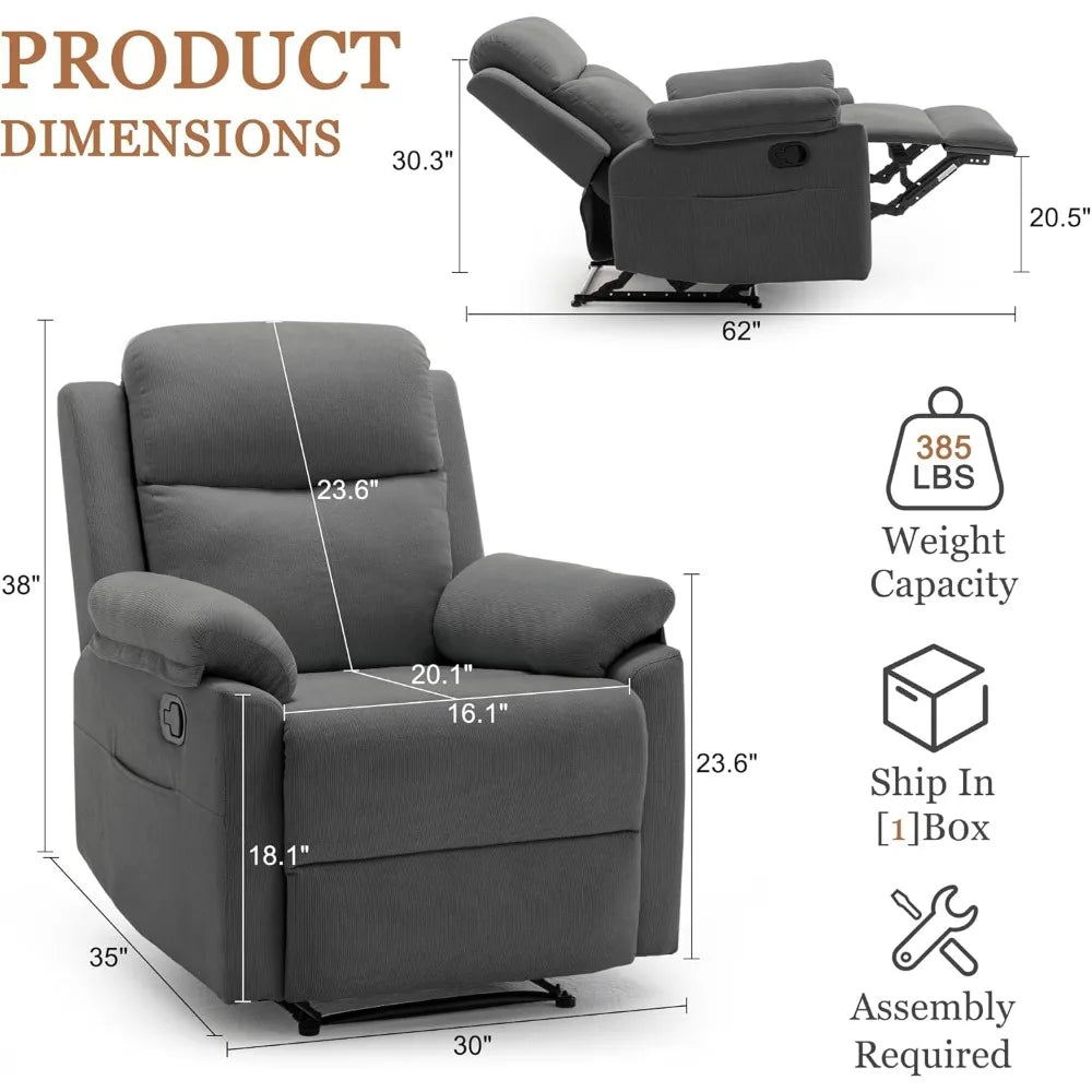 Recliner Chair for Small Spaces Upholstered Manual Recliner with Pockets