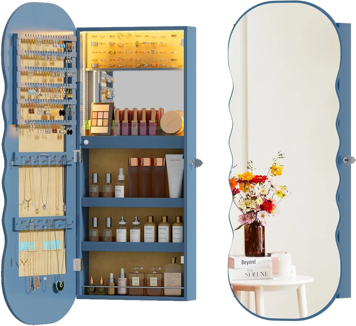 Jewelry Armoire with LED Lights Lockable Wavy Mirror Jewelry Organizer