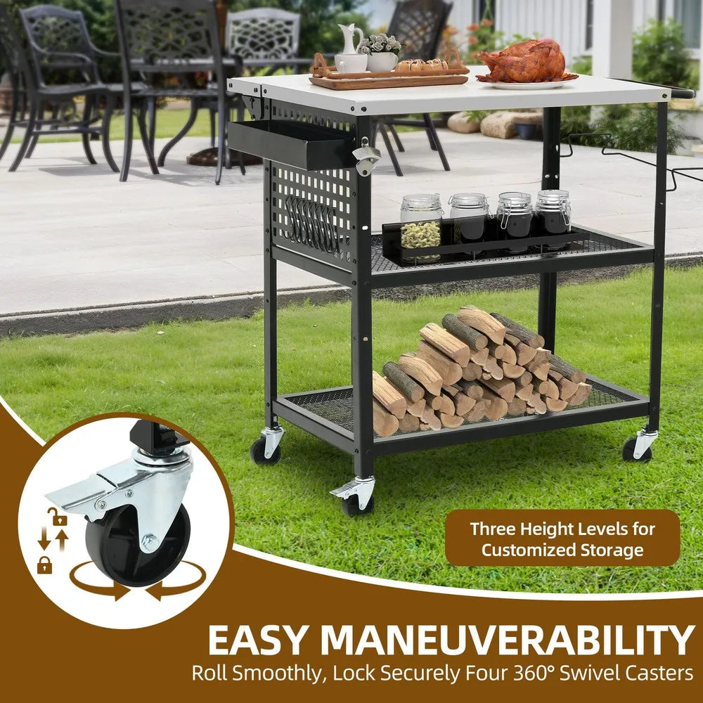 Outdoor Grill Cart Pizza Oven Table with Adjustable Shelf and Wheels