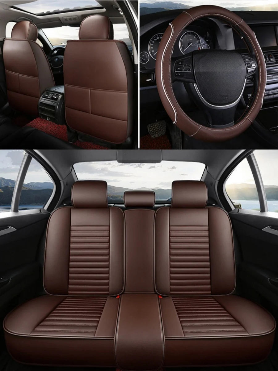Deluxe 5-Seater PU Leather Auto Seat Covers with Lumbar Support Headrests