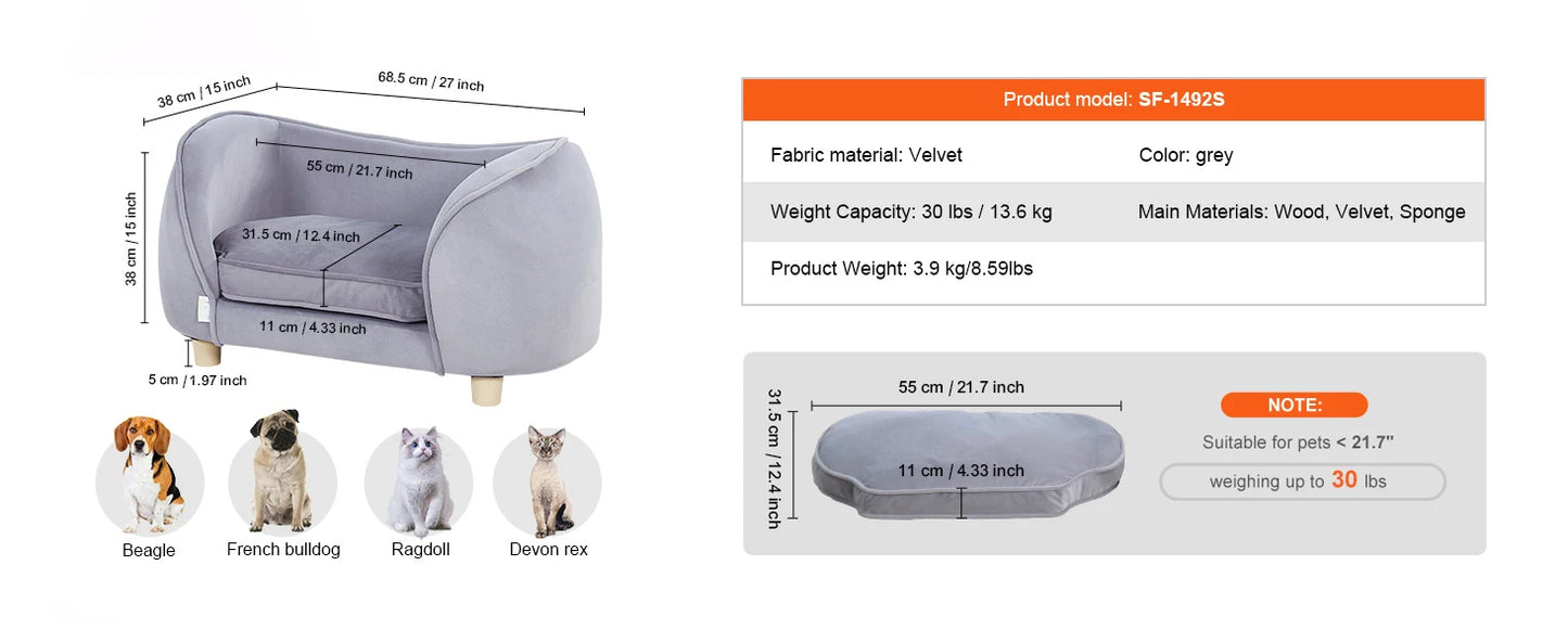 Ljustra Luxury Pet Sofa Bed for Medium Dogs and Cats Soft Velvet Couch