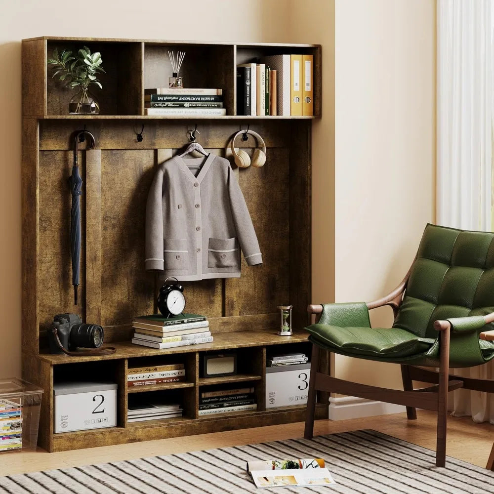 Home Hall Tree Entryway Bench Shoe Storage Coat Rack Organizer