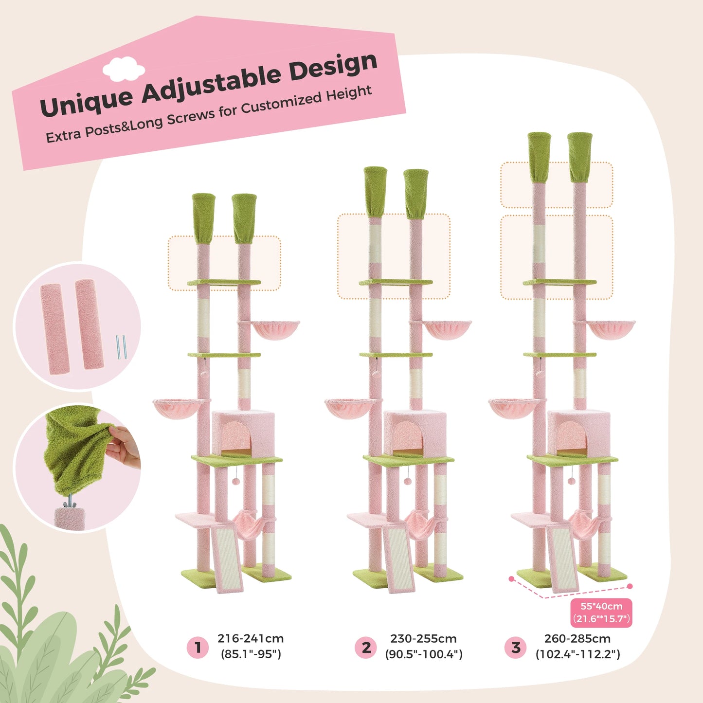 Cactus Cat Tree Floor to Ceiling 7 Tiers Adjustable Height 216-285CM