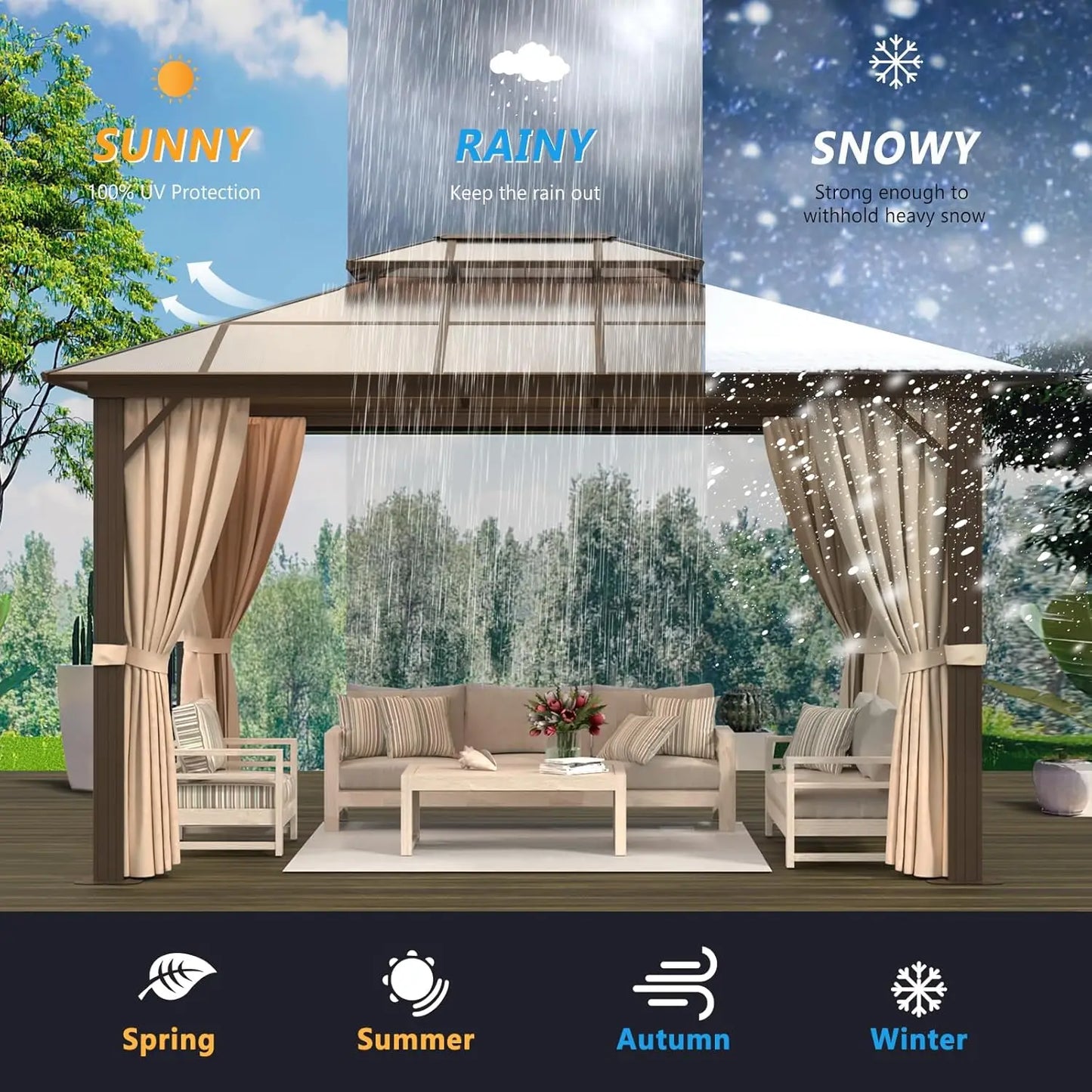 10x12 Hardtop Gazebo Aluminum Frame Pavilion with Netting Curtains Outdoor