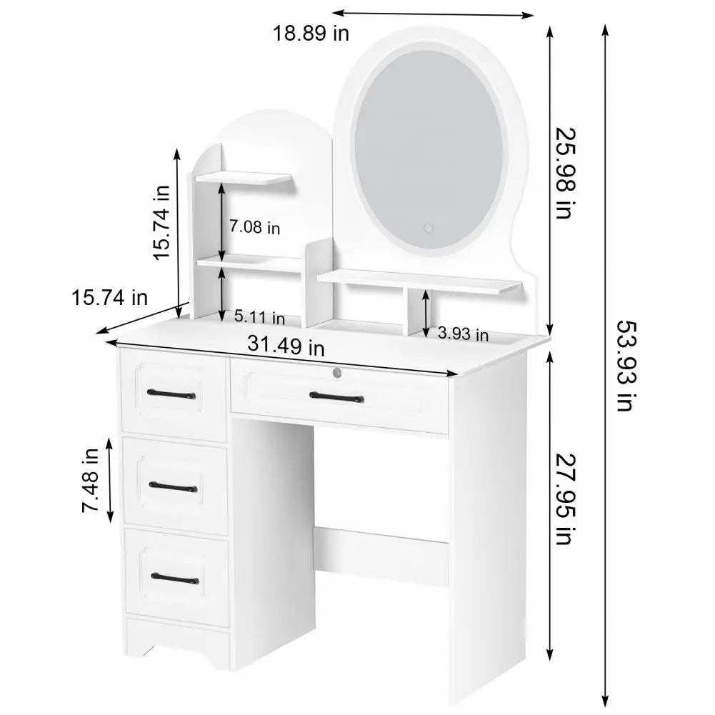 Makeup Desk with Mirror Large Vanity Table Storage 4 Drawers Light
