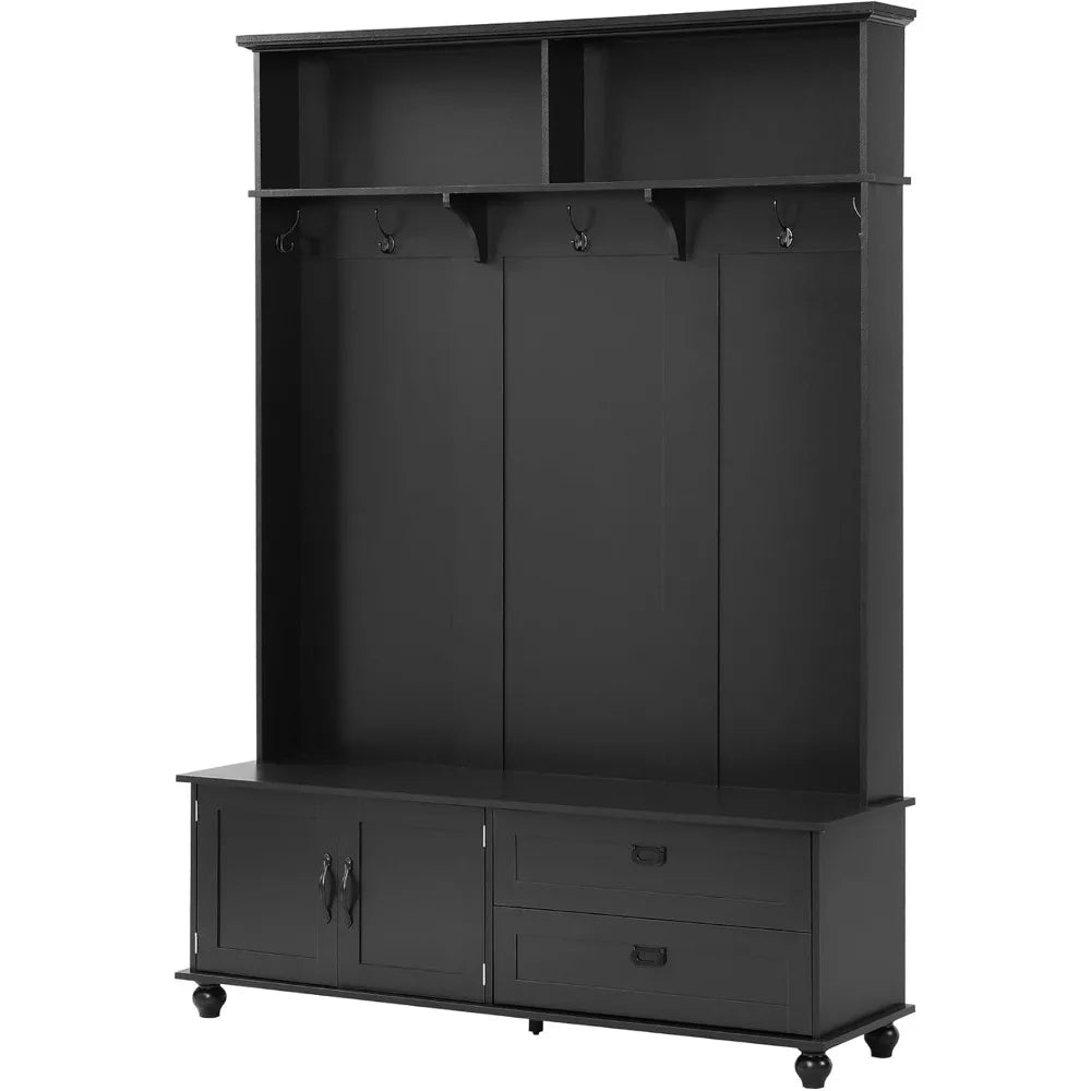 Rustic Hallway Tree with Cabinet and Shelves for Entryway Organization