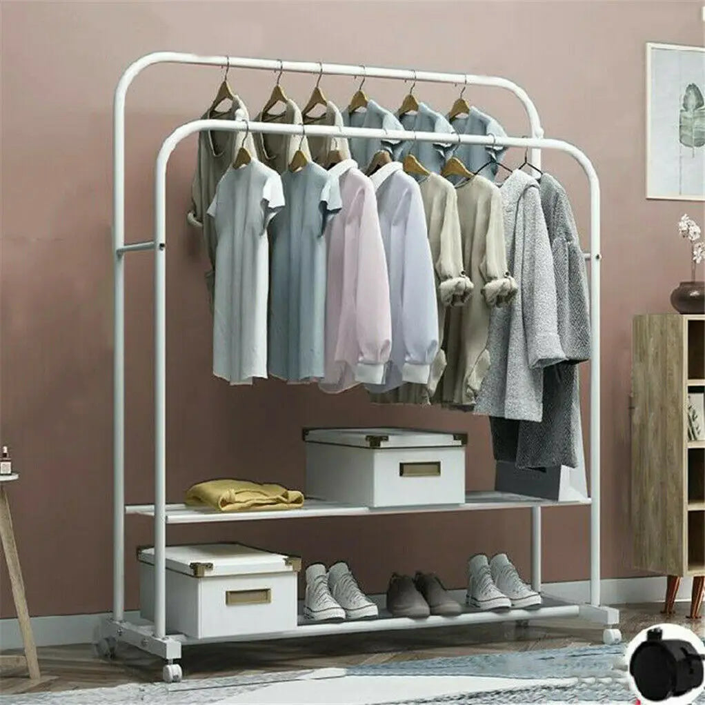 Heavy Metal Double Clothes Rail Garment Rack Storage Organizer Rolling