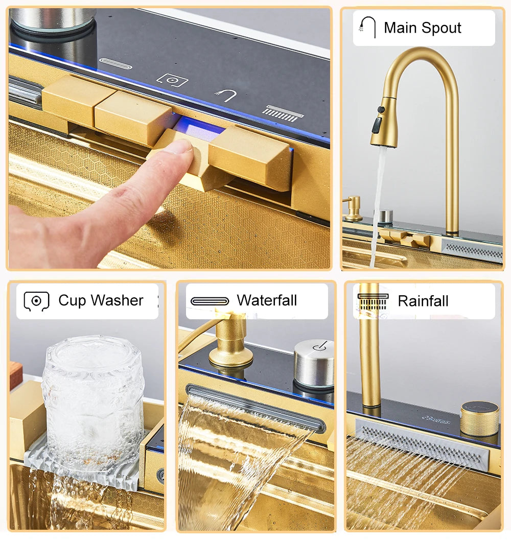 Gold Multifunctional Kitchen Waterfall Sink Digital Display 304 Stainless Steel