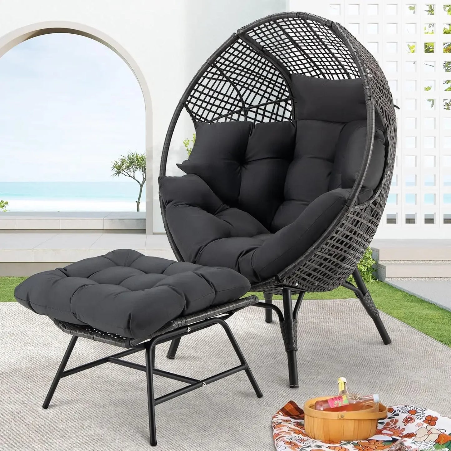 Cozy Patio Egg Chair with Ottoman Indoor Outdoor Lounge Chair 440lbs