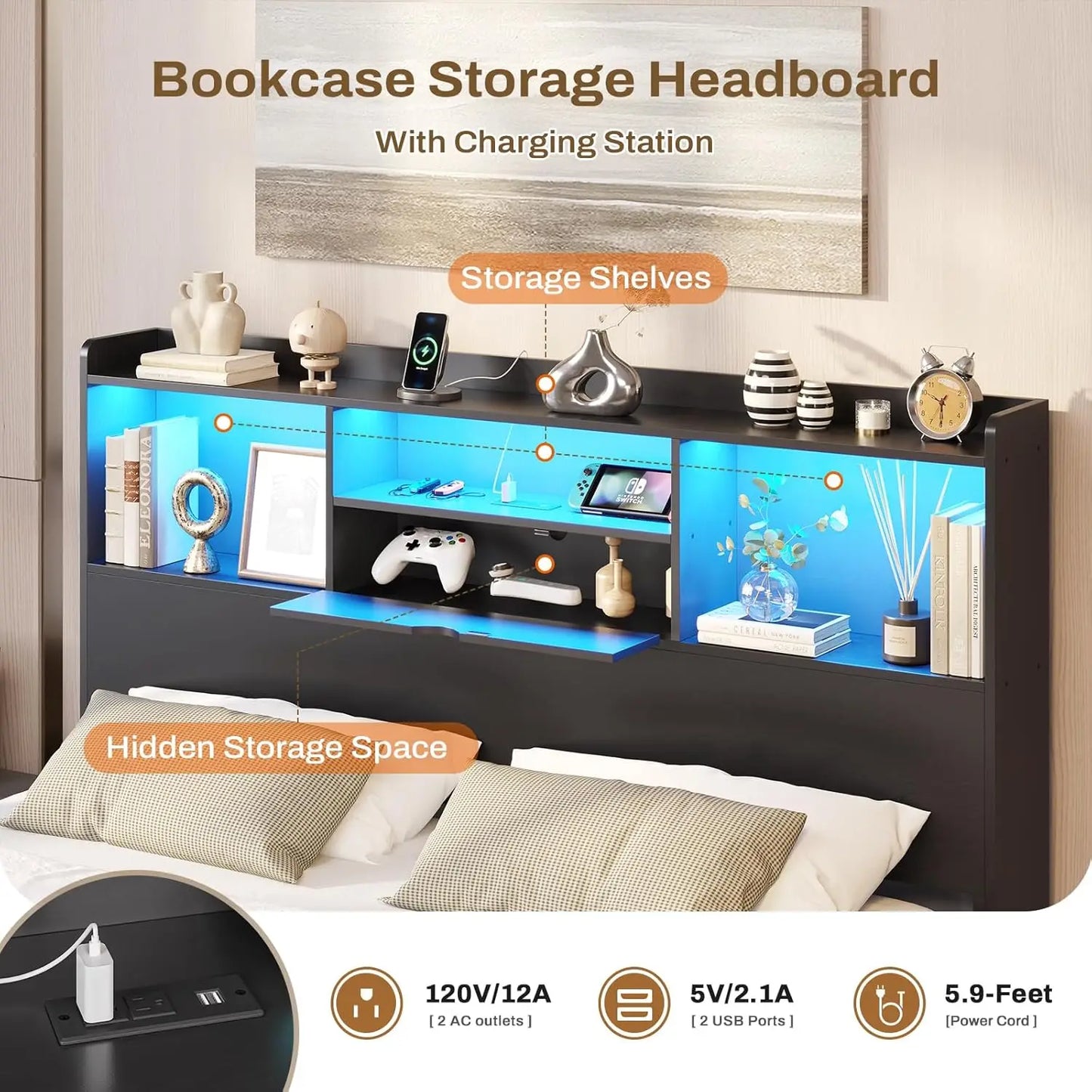 Full Floating Bed Frame with LED Lights Headboard Storage Full Size