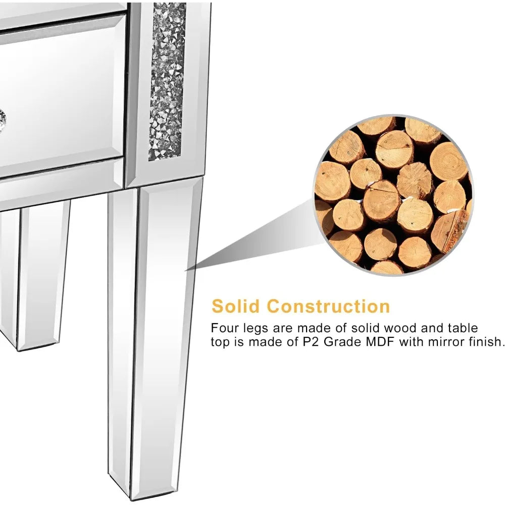 Mirrored Nightstand Set of 2 Modern Glass End Tables with Storage