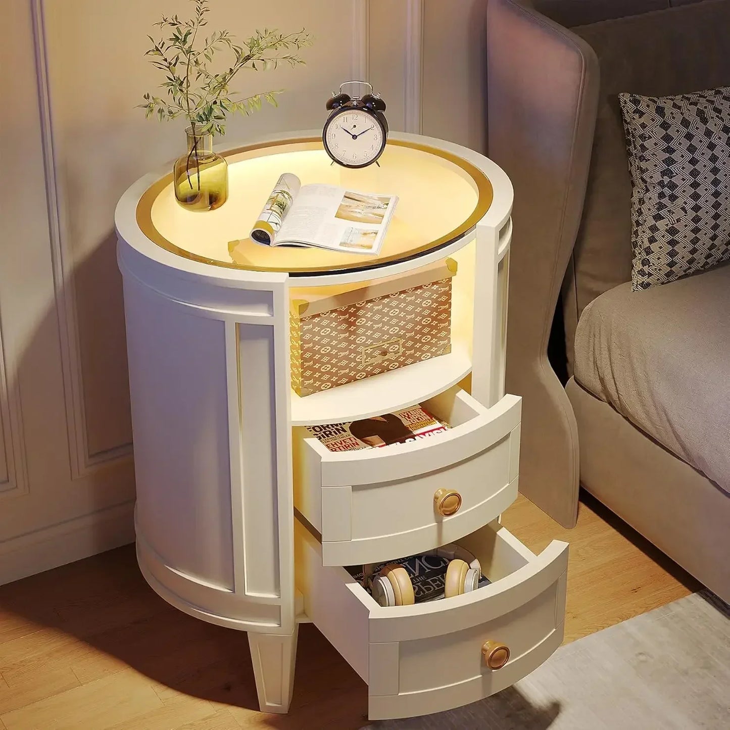 Set of 2 Nightstands with LED Glass Top Modern Bedside Table Storage