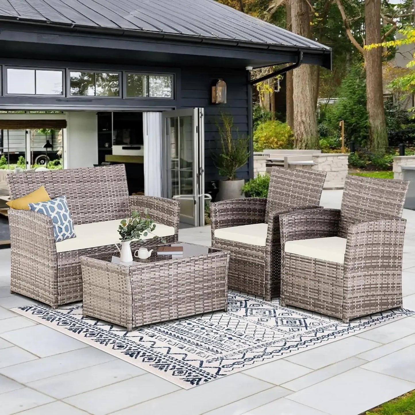 Ljustra 4-Piece Patio Furniture Set Wicker Rattan Sofa Coffee Table