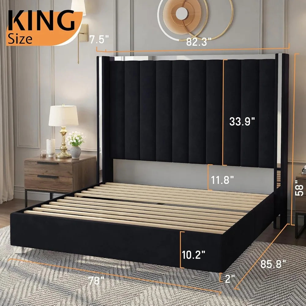 Jocisland King Size Velvet Bed Frame with Tall Headboard and Tufting