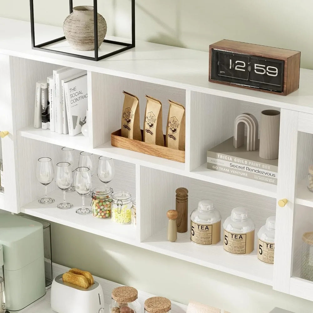 Large Kitchen Hutch Cabinet Storage with Glass Doors Drawers Microwave Shelf